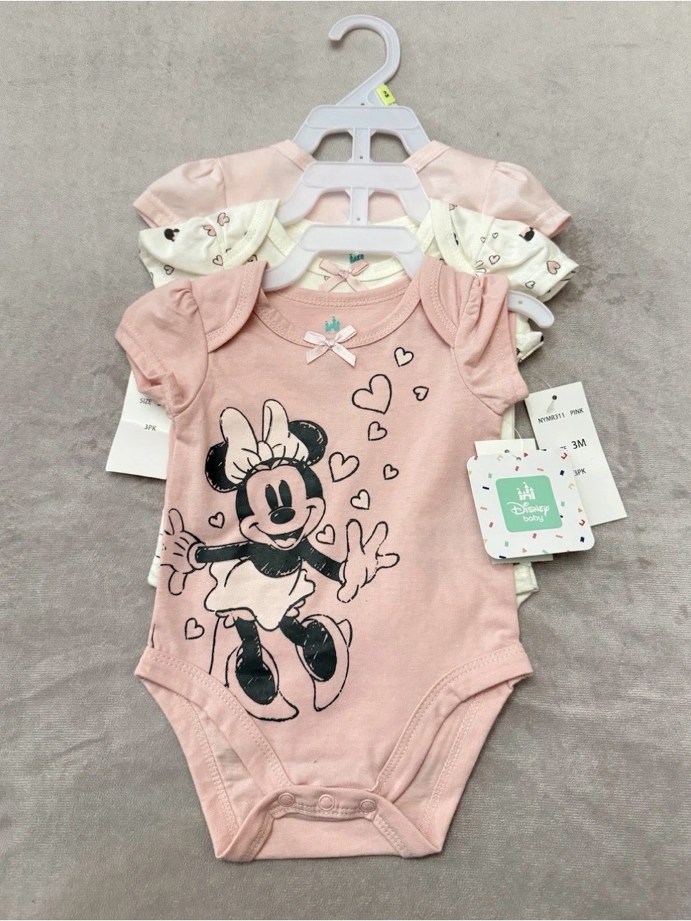 NWT Disney Baby Minnie Mouse Bodysuits 3 Pack Pink Cream Hearts Set 3M